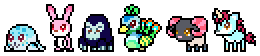 Sprites of a few kinds of available animals. From left to right: Seal, Rabbit, Gorilla, Peacock, Sheep, and Unicorn.